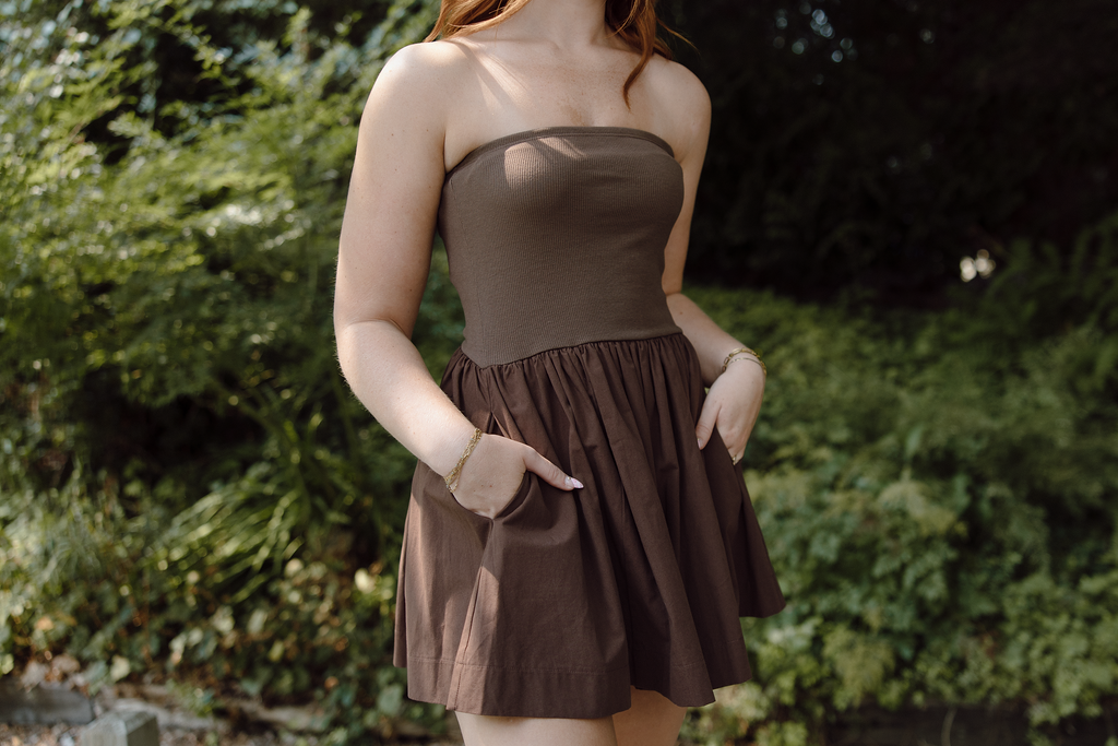 Strapless Mixed Material Dress - Brown