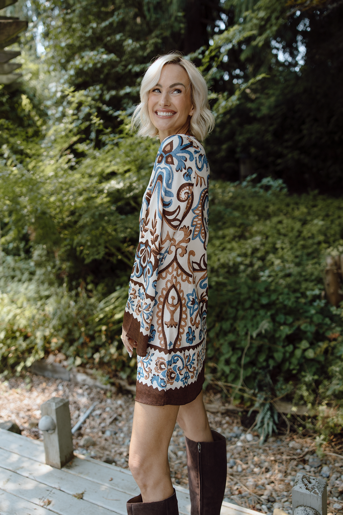 Border Print Shift Dress - Brown/Blue
