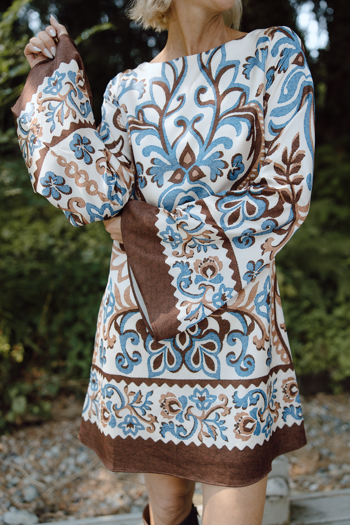 Border Print Shift Dress - Brown/Blue