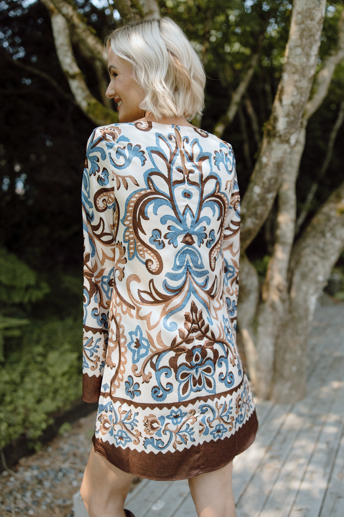 Border Print Shift Dress - Brown/Blue
