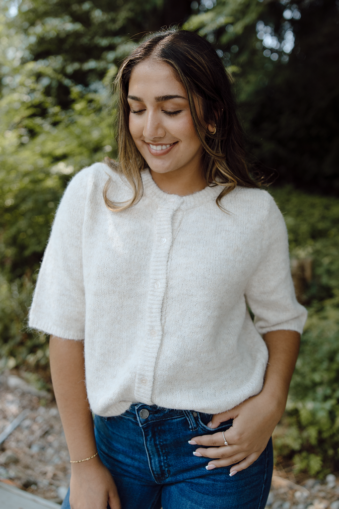 3/4 Sleeve Button Up Cardi - Oat