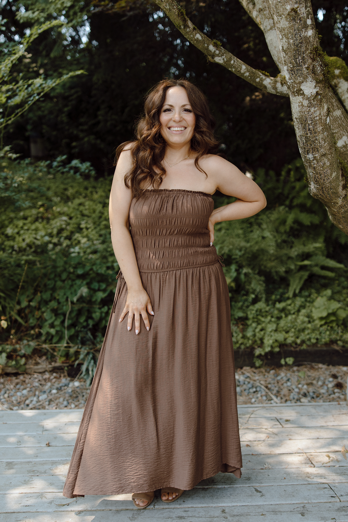 Strapless Shirred Midi Dress - Brown