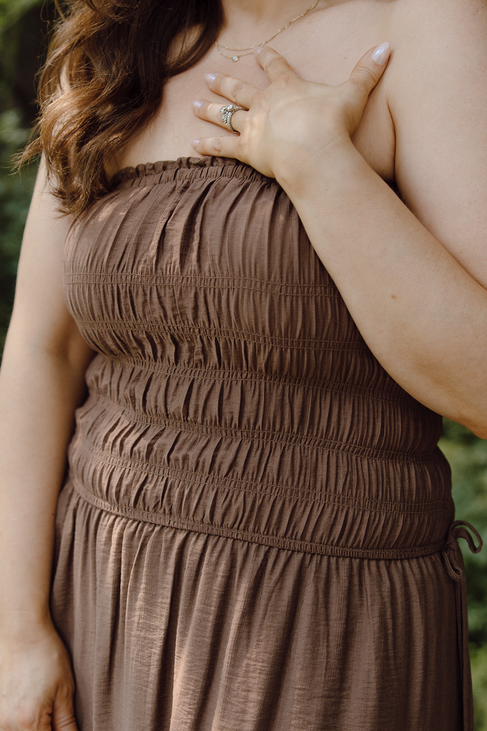 Strapless Shirred Midi Dress - Brown