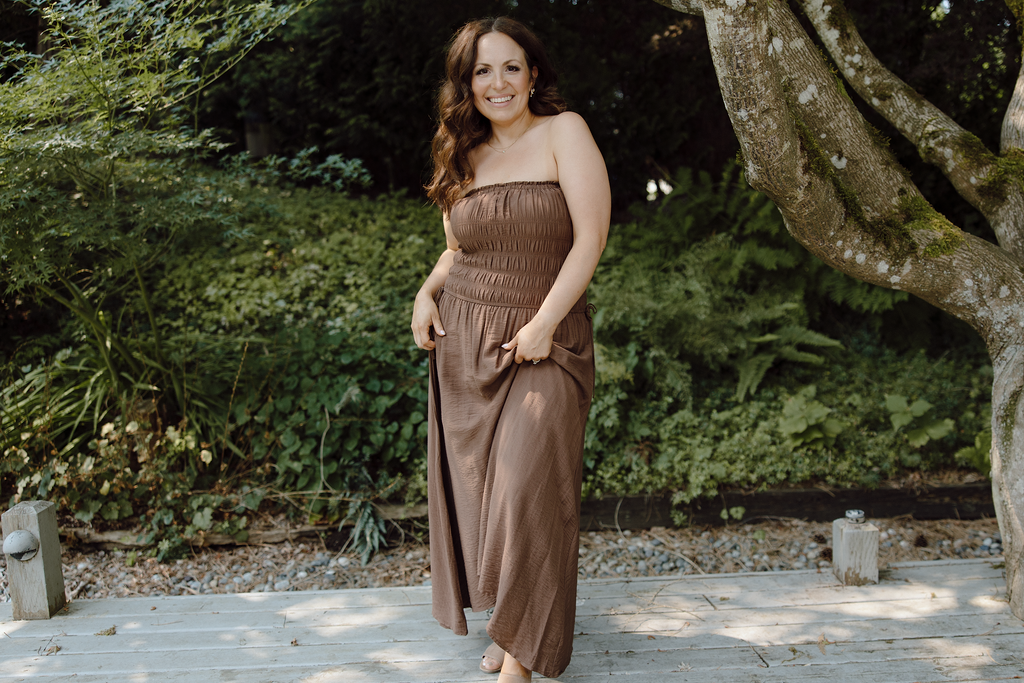 Strapless Shirred Midi Dress - Brown