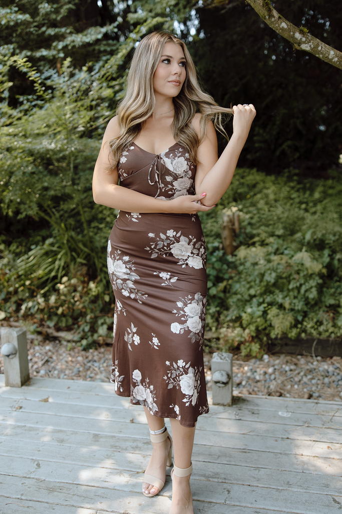 Fall Floral Front Tie Dress - Brown