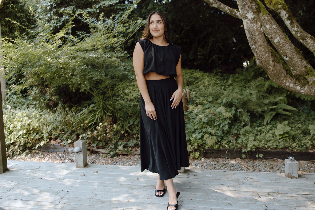 Bubble Top & Midi Skirt Set - Black