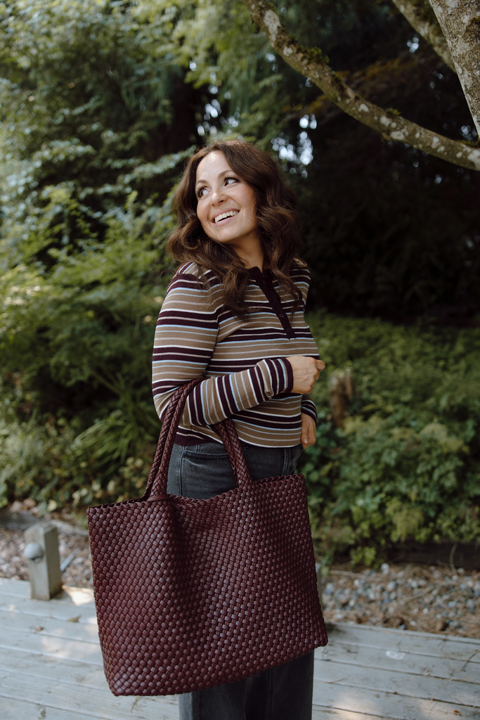 Striped Button Knit - Taupe/Burgundy