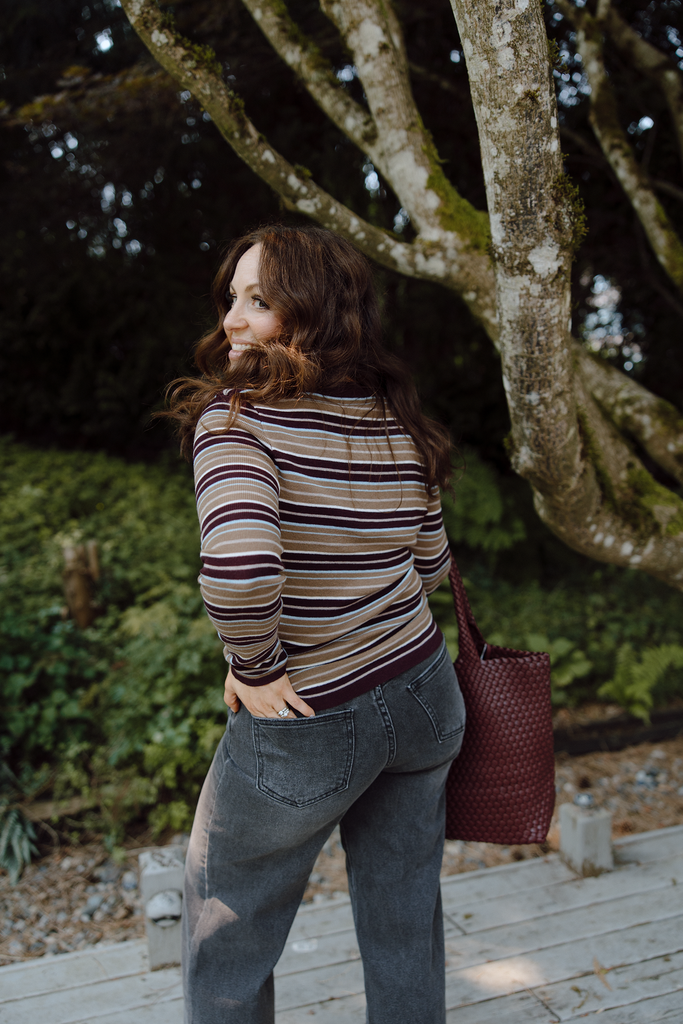 Striped Button Knit - Taupe/Burgundy