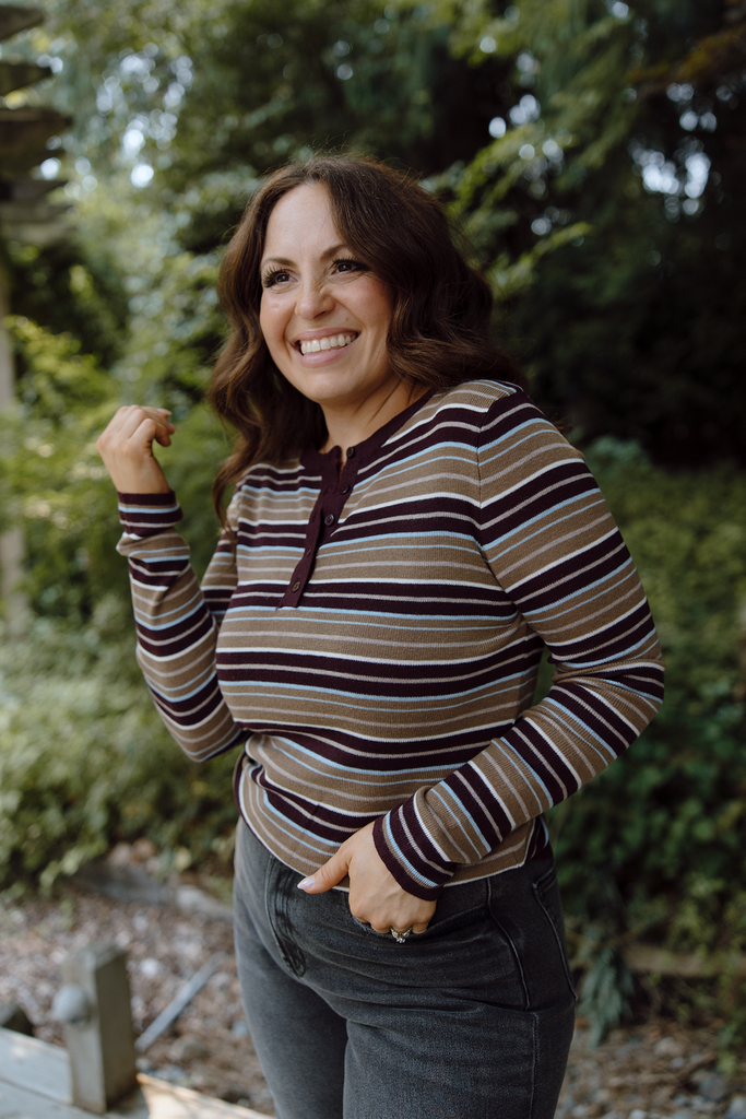 Striped Button Knit - Taupe/Burgundy