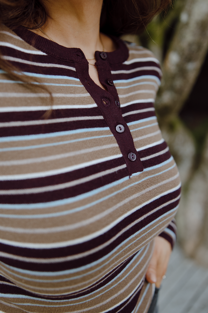 Striped Button Knit - Taupe/Burgundy