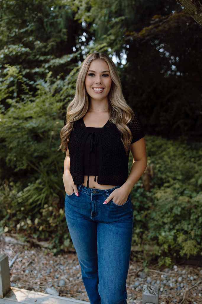 Short Sleeve Front Tie Cardigan - Black