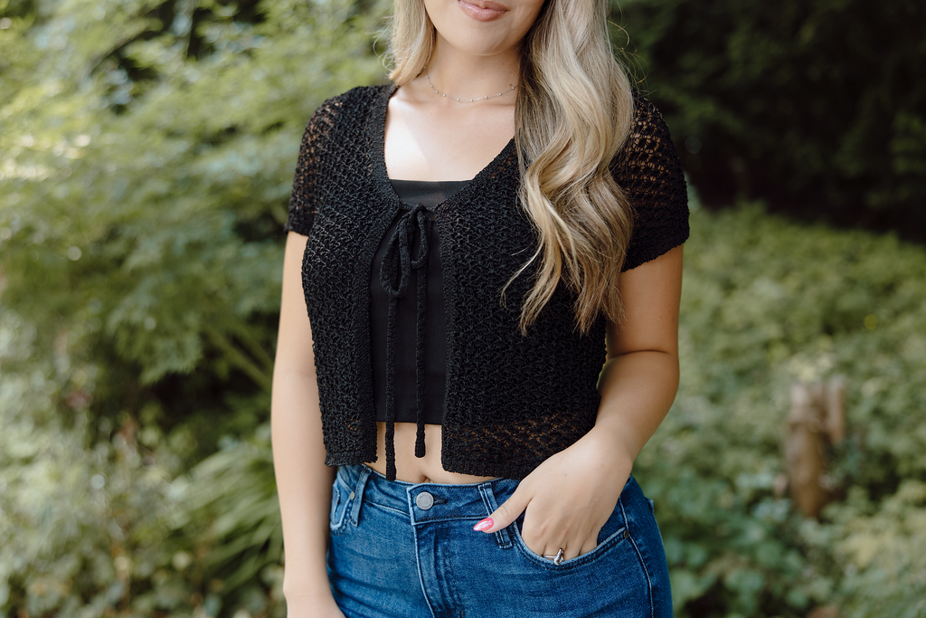 Short Sleeve Front Tie Cardigan - Black