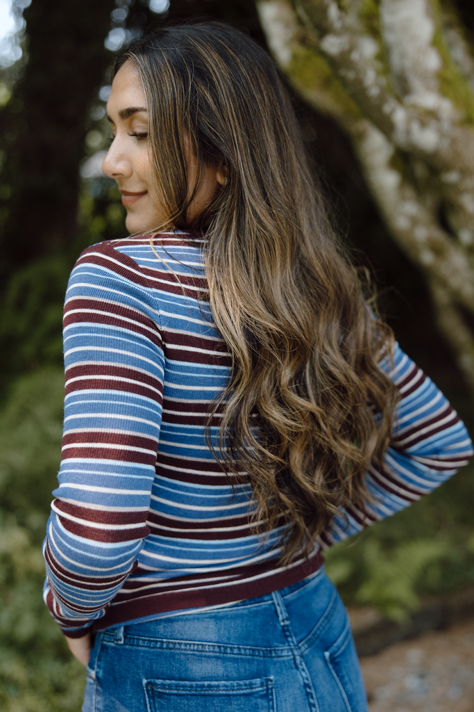 Striped Button Knit - Blue/Burgundy