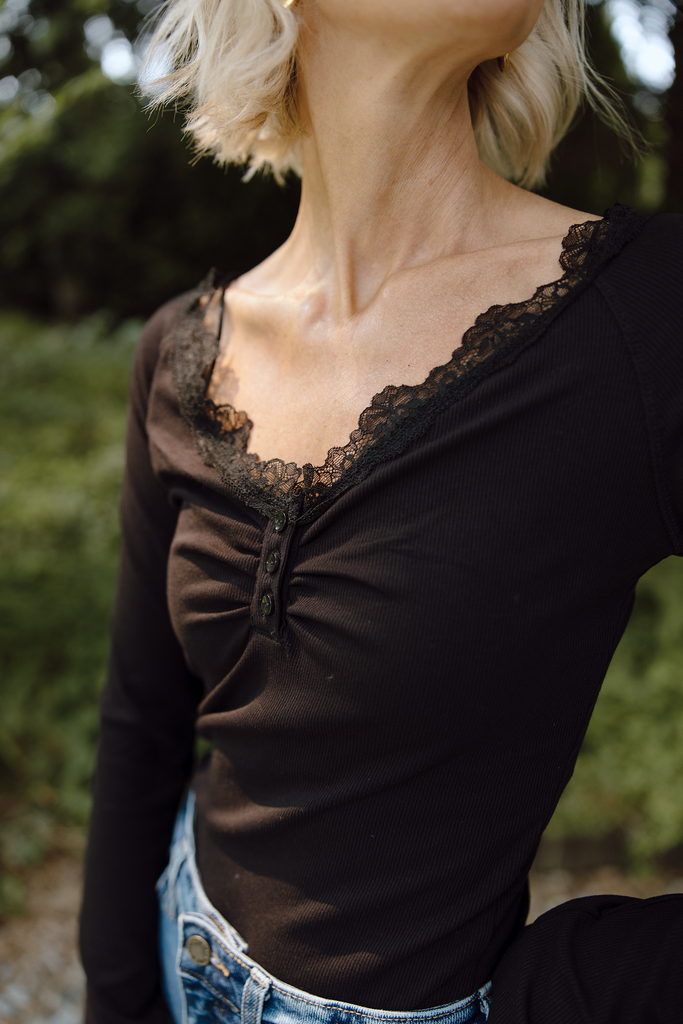 Lace Trim Henley - Black