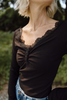 Lace Trim Henley - Black