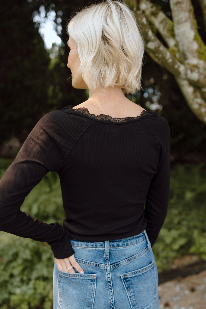 Lace Trim Henley - Black