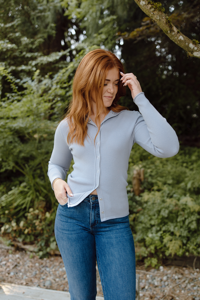 Snap Button Ribbed Sweater - Dusty Blue