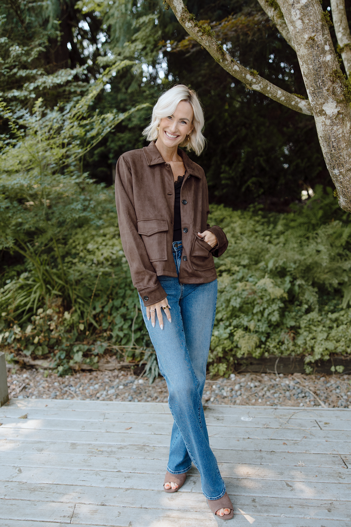 Faux Suede Button Up Jacket - Chestnut