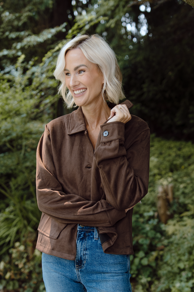 Faux Suede Button Up Jacket - Chestnut