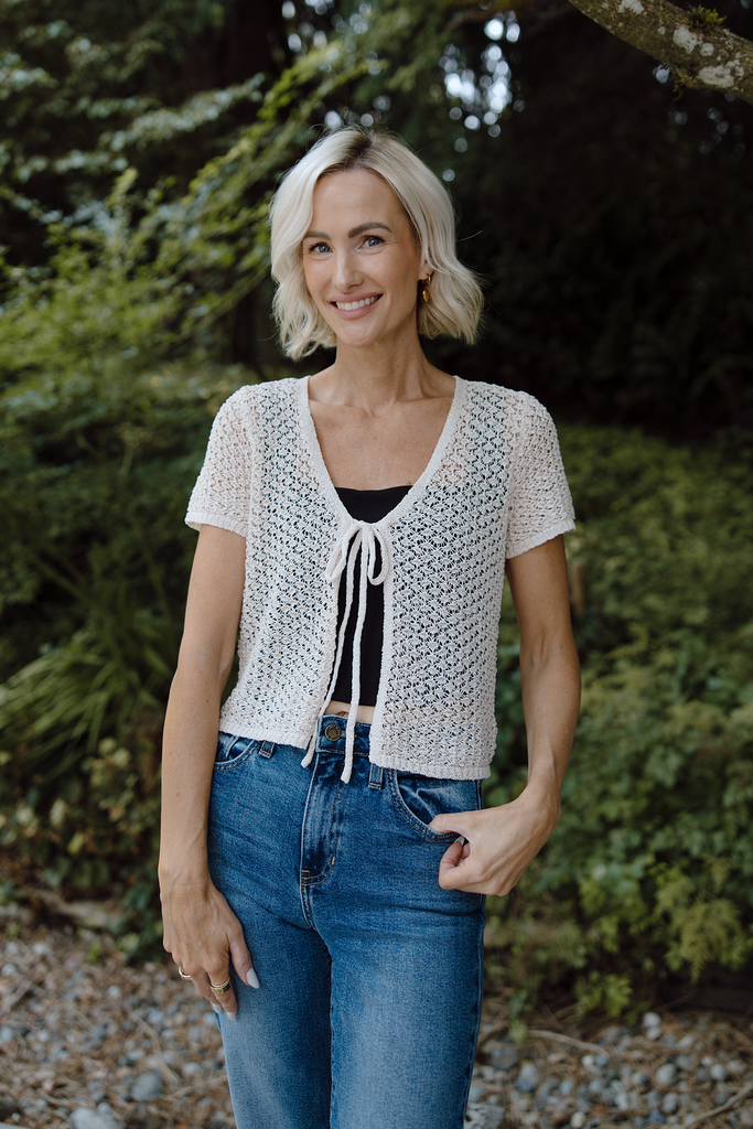 Short Sleeve Front Tie Cardigan - Natural