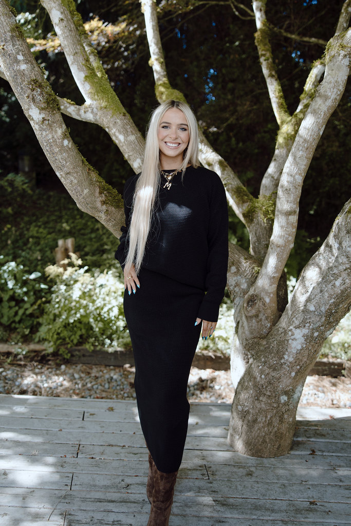 Waffle Sweater & Skirt Set - Black