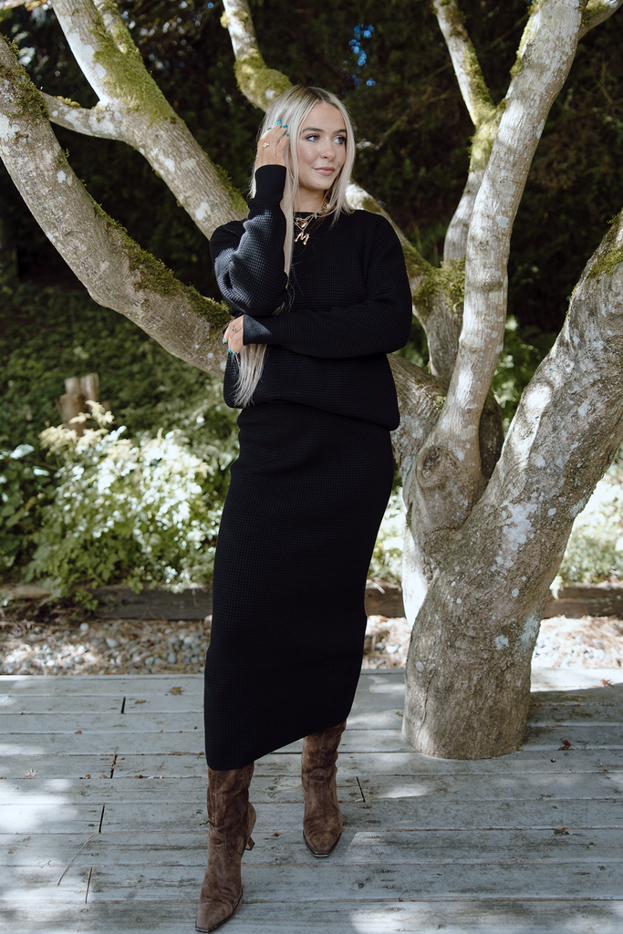 Waffle Sweater & Skirt Set - Black