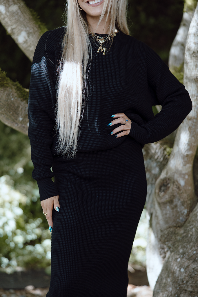 Waffle Sweater & Skirt Set - Black