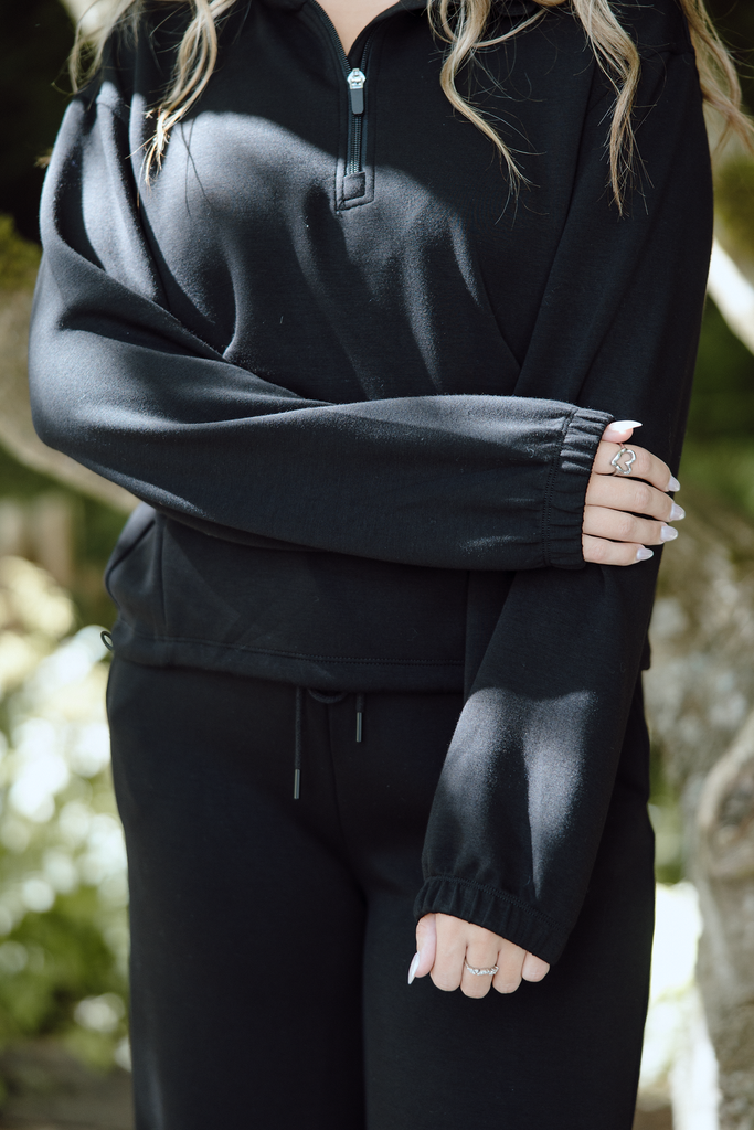 3/4 Zip Butter Soft Barrel Pant Set - Black