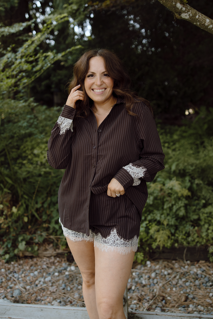 Striped Lace Trim Top & Shorts Set - Brown