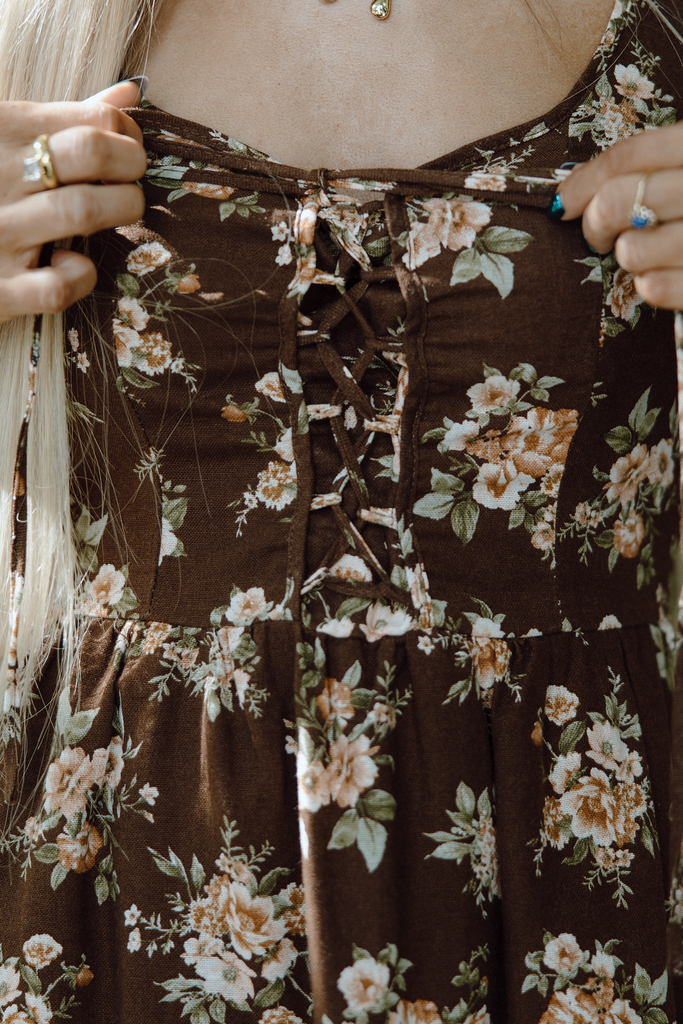 Floral Midi Dress with Front Ties - Brown
