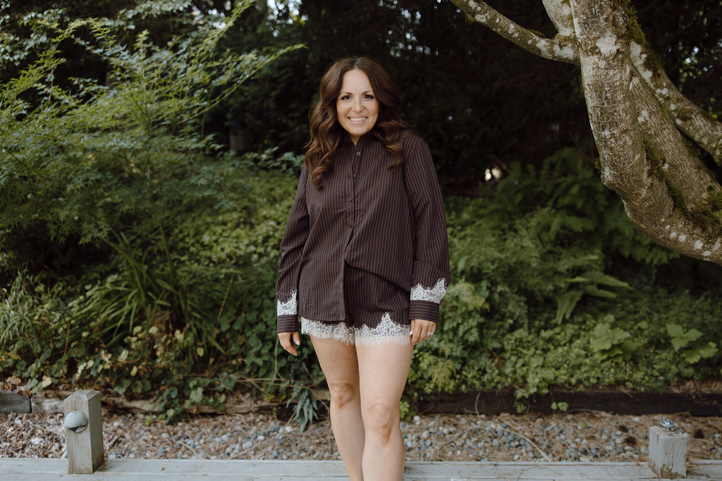 Striped Lace Trim Top & Shorts Set - Brown