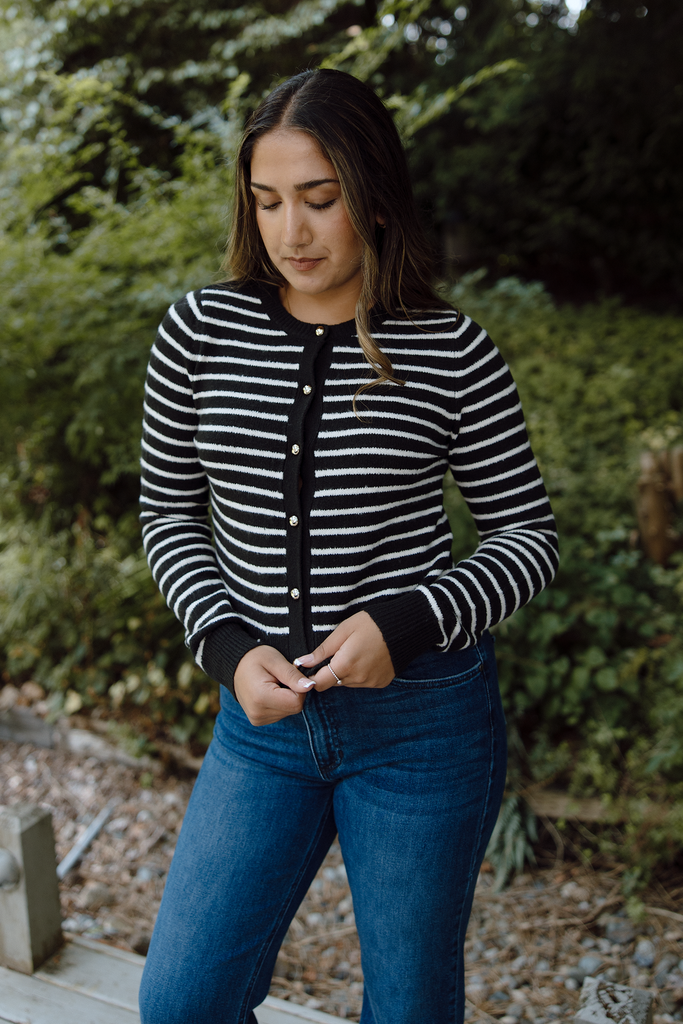 Gold Button Striped Cardi - Black
