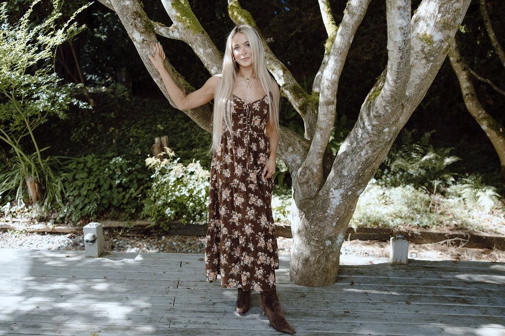 Floral Midi Dress with Front Ties - Brown
