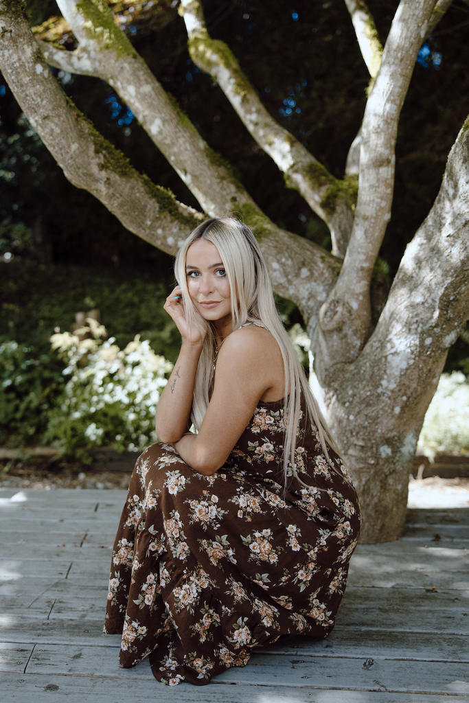 Floral Midi Dress with Front Ties - Brown