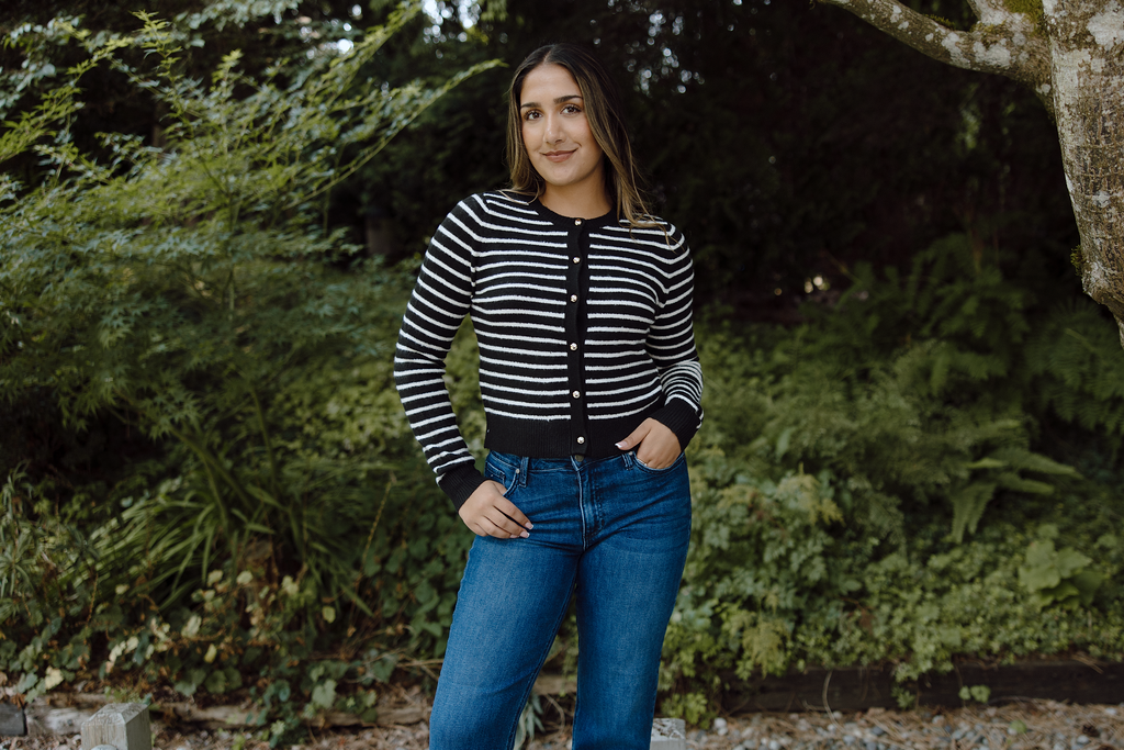 Gold Button Striped Cardi - Black