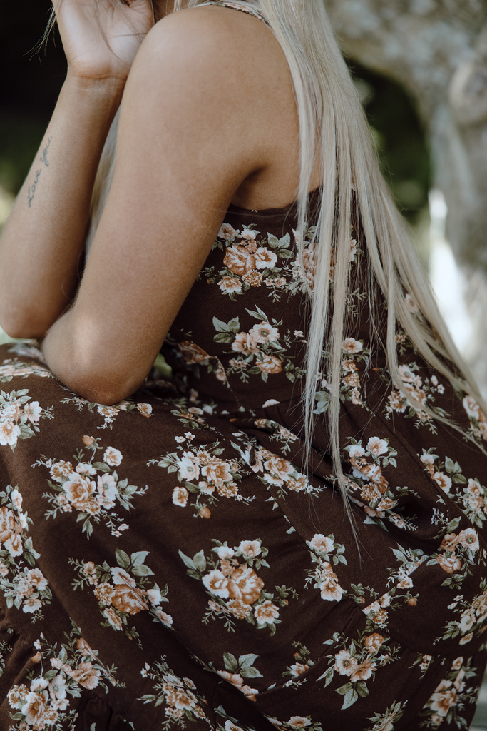 Floral Midi Dress with Front Ties - Brown