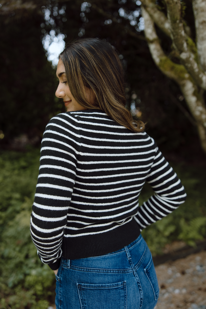 Gold Button Striped Cardi - Black