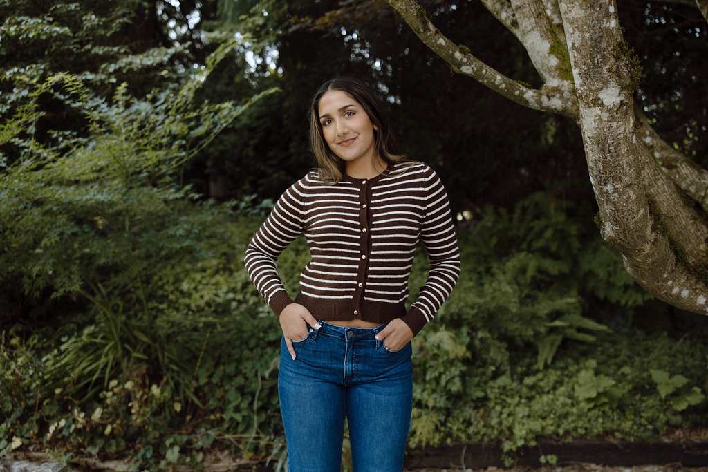 Gold Button Striped Cardi - Brown
