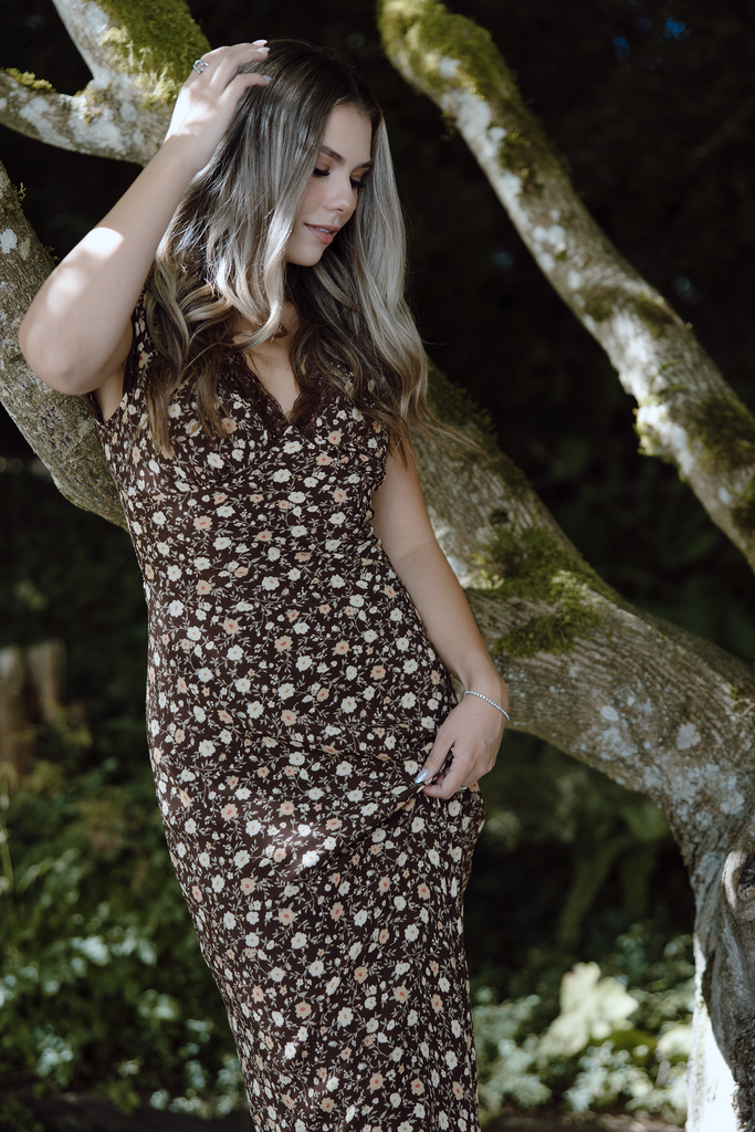 Floral Midi Dress - Brown