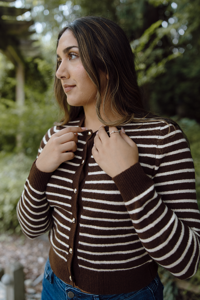 Gold Button Striped Cardi - Brown