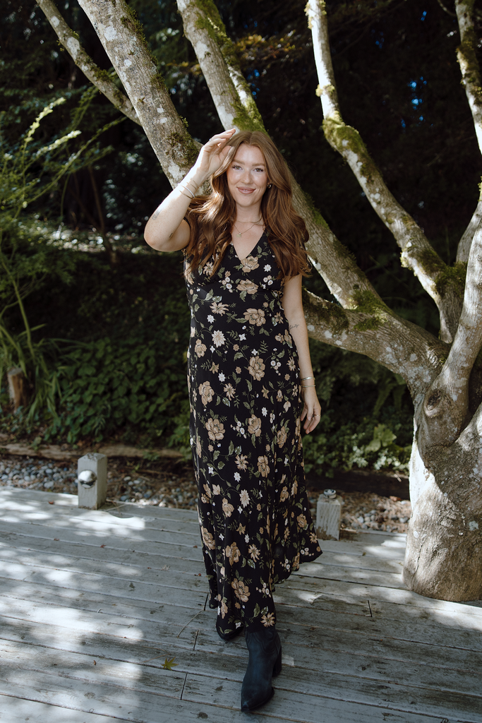 Fall Floral Midi Dress - Black