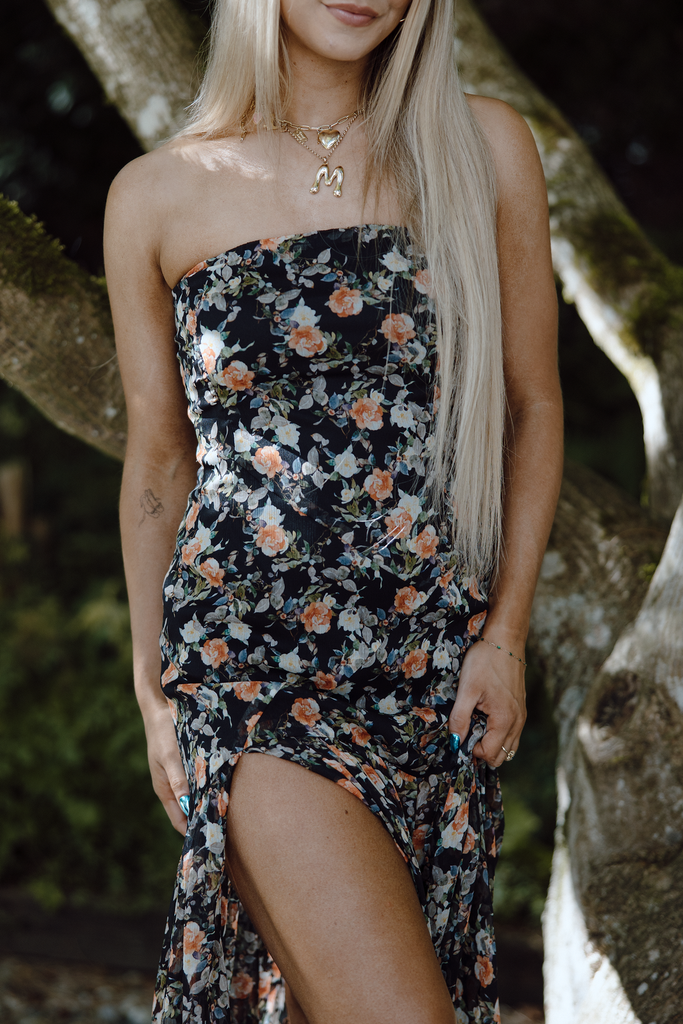Floral/Black Strapless Floral Maxi