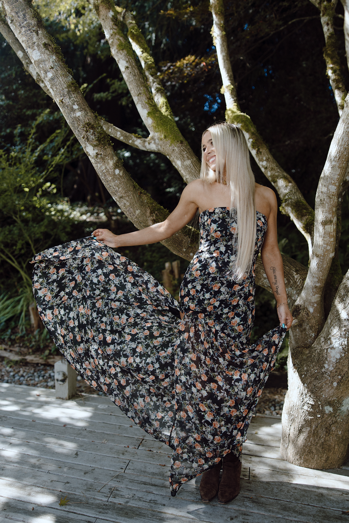 Floral/Black Strapless Floral Maxi