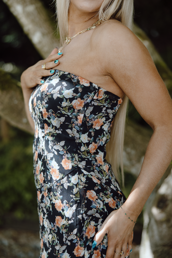 Floral/Black Strapless Floral Maxi