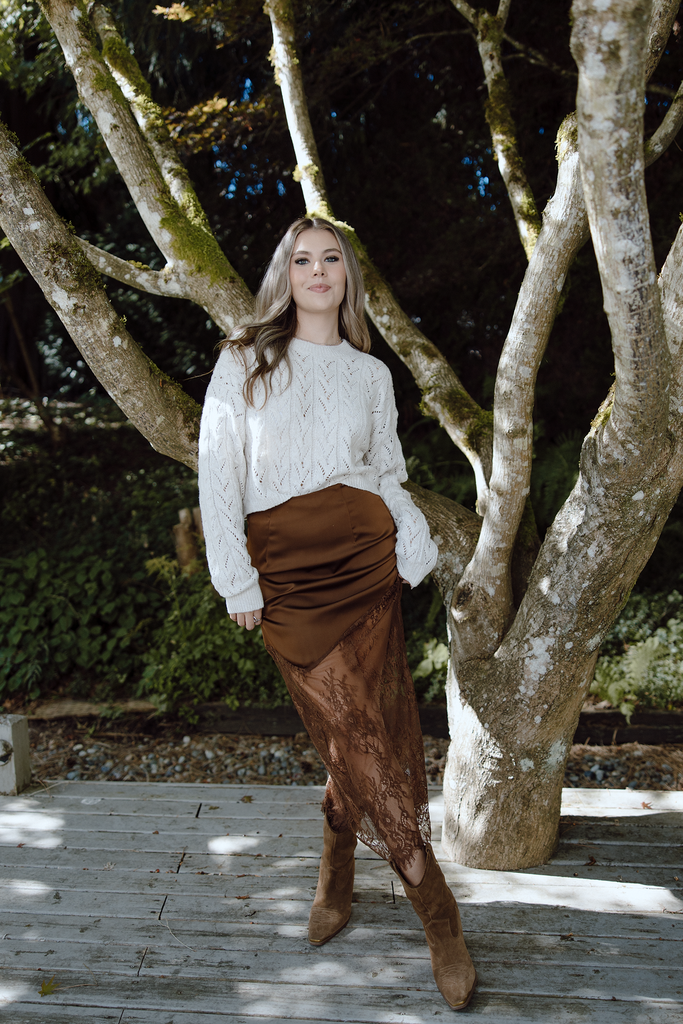 Asymmetrical Lace Trim Skirt - Brown