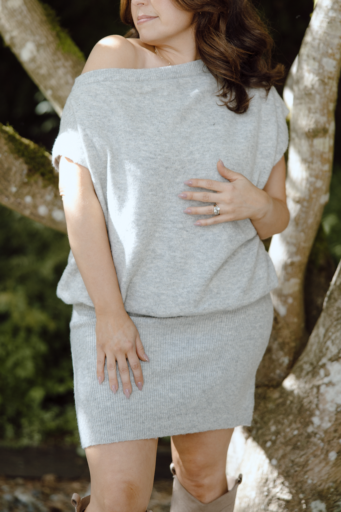 Off Shoulder Drop Waist Sweater Dress – Grey