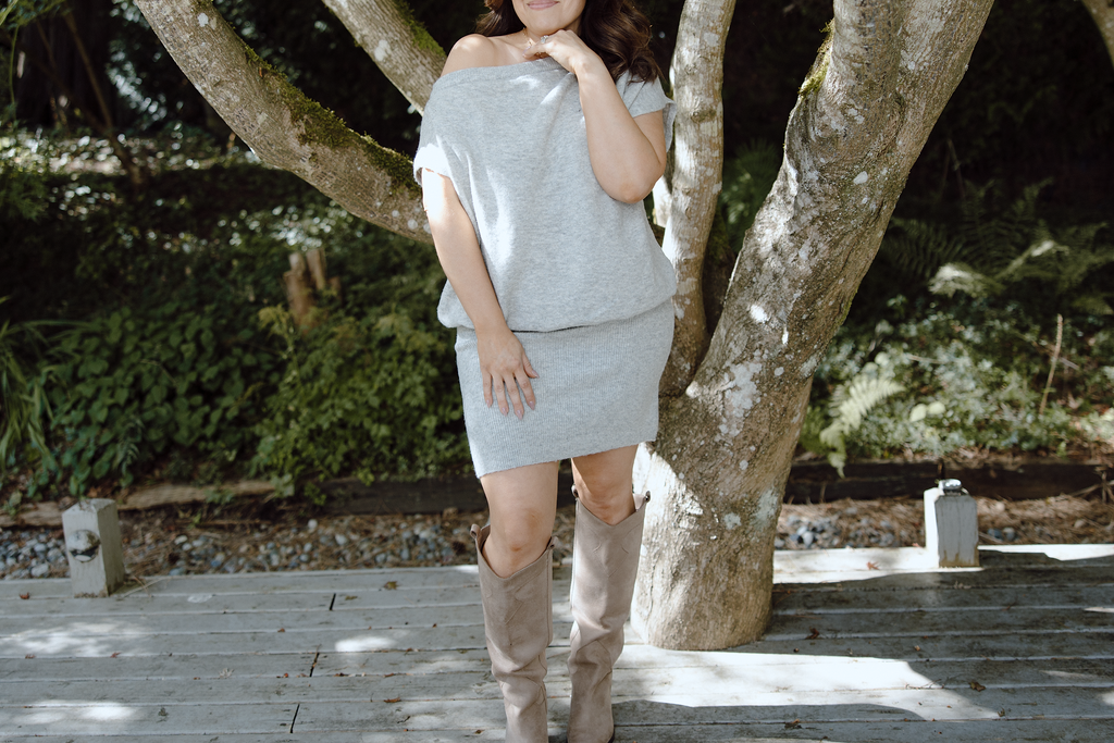 Off Shoulder Drop Waist Sweater Dress – Grey
