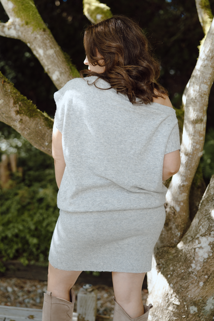 Off Shoulder Drop Waist Sweater Dress – Grey