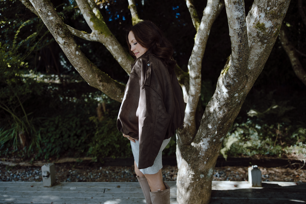 Faux Suede Collared Jacket - Brown