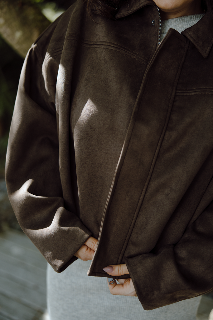 Faux Suede Collared Jacket - Brown